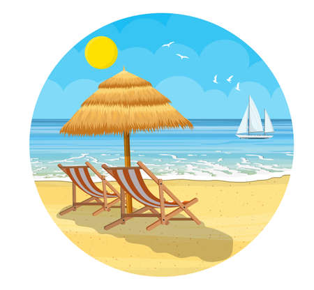 Paradise beach of the sea with yachts and palm trees. Tropical island resort. Vector illustration in flat styleのイラスト素材