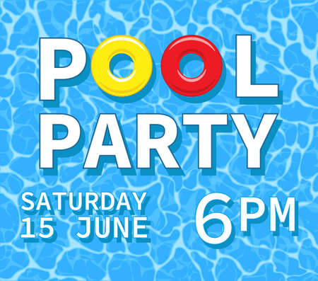 Pool party poster, yellow and red rubber ring floating on water. Pool or Beach Party Invitation...
