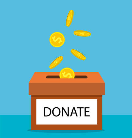 donation concept. Donate money with box Business, finance. coins depositing in a carton box. Vector illustration in flat styleのイラスト素材
