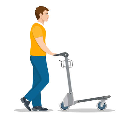 man pushing luggage cart with suitcases. male passenger in airport. male tourist with baggages arrival or departure. Vector illustration in flat styleのイラスト素材