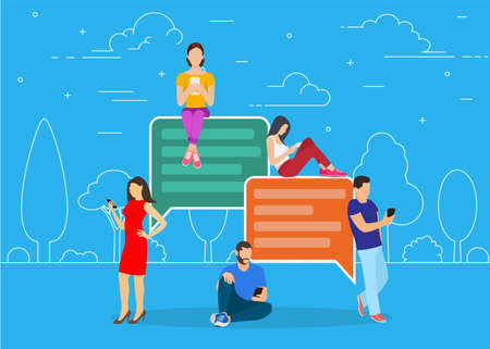 happy people use mobile smartphonefor chatting in social media, for, landing page, template, ui, web, mobile app, poster, banner, flyer. Vector illustration in flat styleのイラスト素材