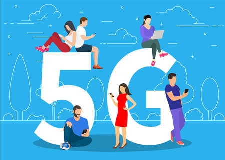 People with gadgets sitting on the big 5G symbol.のイラスト素材