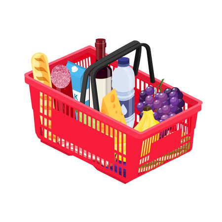 Isometric red plastic shopping basketのイラスト素材