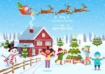 happy new year and merry Christmas greeting card. Winter fun. kids decorating a Christmas tree. Winter holidays. Christmas landscape tree spruce, snowman. vector illustrationのイラスト素材