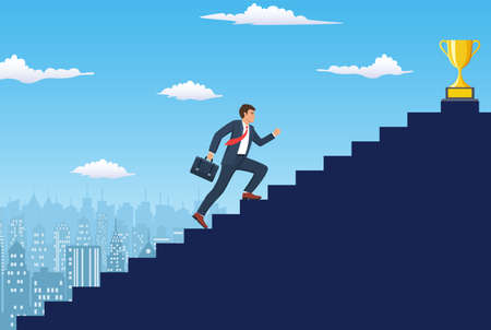 Businessman running up staircase to to trophy cup. Business concept growth and the path to successのイラスト素材