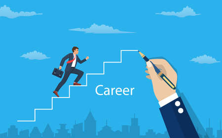 Man is climbing career ladder. Human hand drawing stairs close up. Concept of business development. Vector illustration in flat style.のイラスト素材