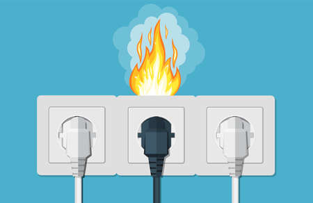 Fire wiring. Socket and plug on fire from overload. Electrical safety concept. Short circuit electrical circuit. Broken electrical connectionのイラスト素材