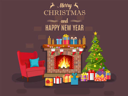 Christmas fireplace room interiorのイラスト素材