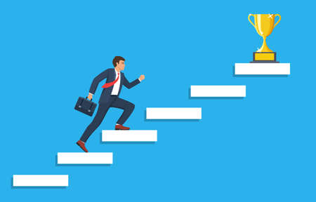 Businessman running up staircase to the top.のイラスト素材