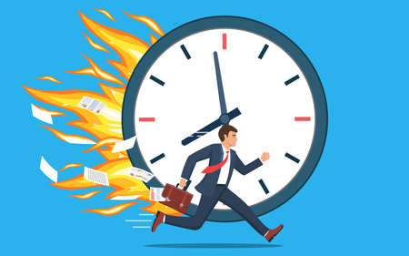 Businessman running and hurry up. businessman running with falling papers from briefcase time management deadline conceptのイラスト素材