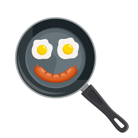 Grilled egg and sausage at frying pan. Cooking food. Fry product. Cooked meal. Smile isolated on white background. Vector illustration in flat style.のイラスト素材