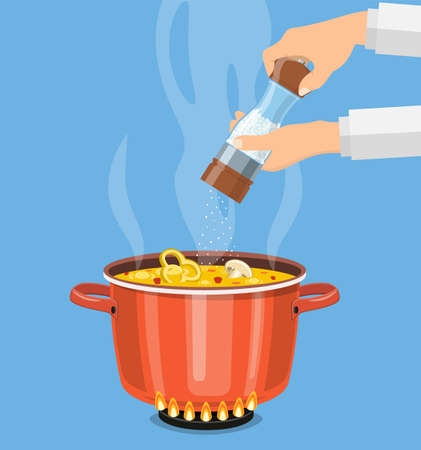 Chef cook with pepper mill and boiling potのイラスト素材