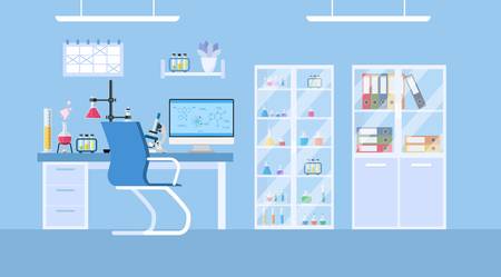 Chemical laboratory science and technology coronavirus 2019-nCoV. Scientists workplace concept. Science, education, chemistry, experiment, laboratory concept. vector illustration in flat designのイラスト素材