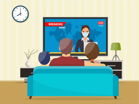 Family with cat watching TV daily newsのイラスト素材