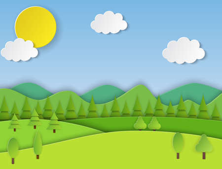 Paper cut summer landsape. Summer landscape with green hills and blue sky, white clouds. Vector illustrationのイラスト素材