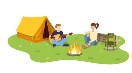 Group of young people are sitting around campfireのイラスト素材