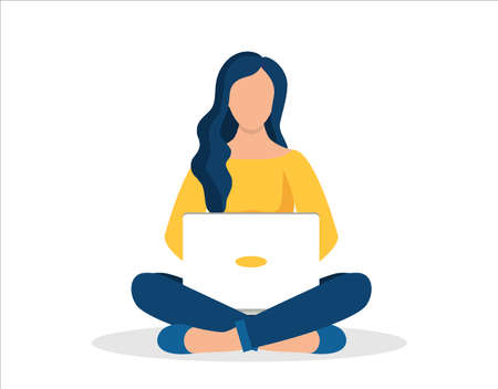 Woman with laptop sitting in natureのイラスト素材