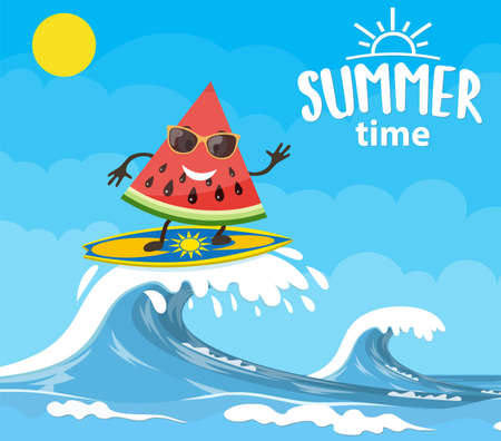 watermelon characters surfing on wave.のイラスト素材