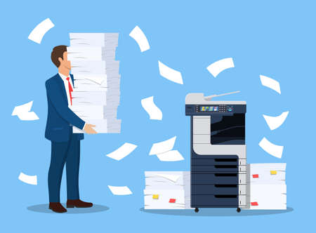 Stressed businessman holds pile documents.のイラスト素材
