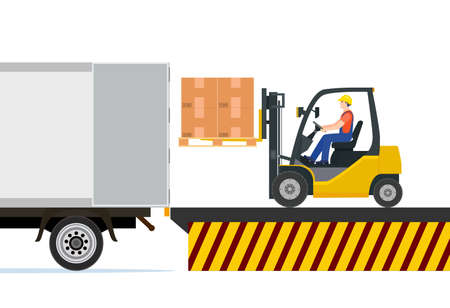 Forklift loading pallet boxes into truck.のイラスト素材