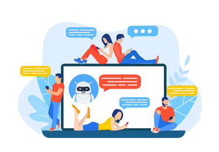 Talking to a chatbot online on laptop computer.のイラスト素材