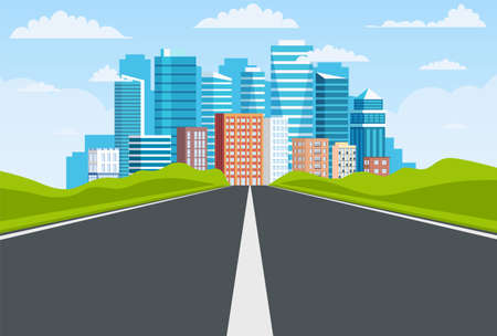 Road way to city buildings on horizonのイラスト素材
