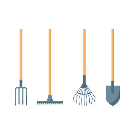 Shovel or spade, rake and pitchfork iconsのイラスト素材