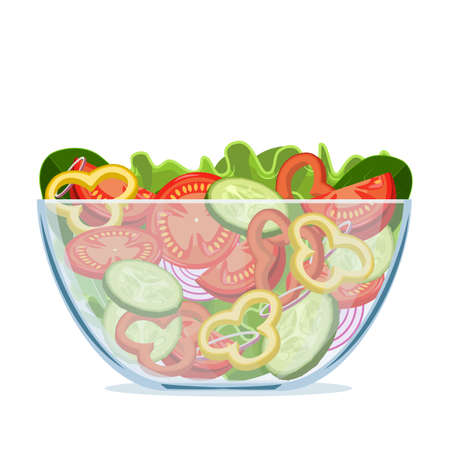 Green salad of fresh vegetables in a transparent salad bowl object isolated on a white backgroundのイラスト素材