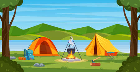 Summer camp in forest with bonfire, tent, backpack and lantern.のイラスト素材