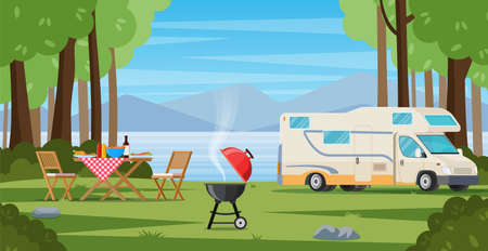 Camper with barbecue folding table deckchairのイラスト素材