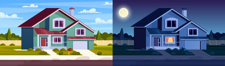 Street in suburb district with residential houseのイラスト素材