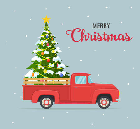 etro red pickup truck with christmas treeのイラスト素材