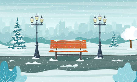 Winter city park with wooden bench,のイラスト素材