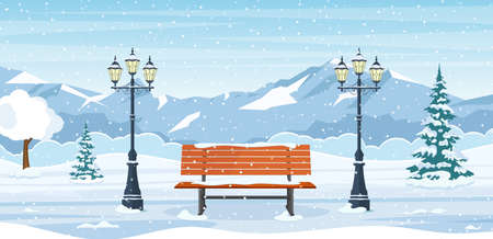 Winter city park with wooden bench,のイラスト素材