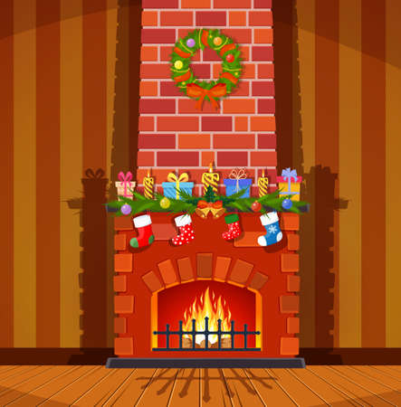 Red brick classic fireplace with socks,のイラスト素材