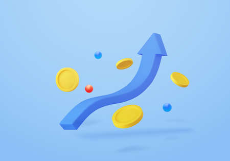 3d growth stock chart with coins investing icon, Uptrend stock market graphのイラスト素材