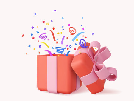 3d Cute Surprise Gift Box With Falling Confettiのイラスト素材