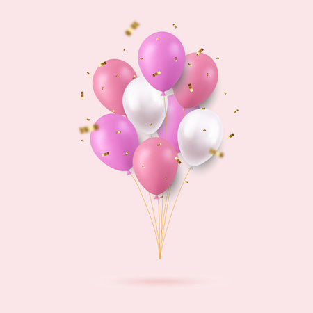 3d Realistic Colorful Happy Birthday Balloons Flying for Party and Celebrationsのイラスト素材
