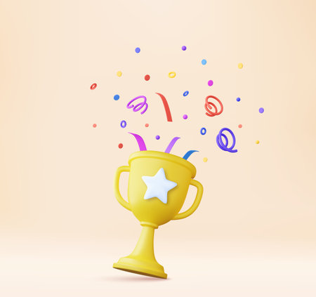 3d prize winner icon with golden cup, gold winners stars with objects floating aroundのイラスト素材