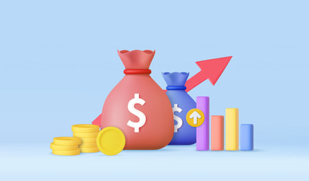 3D money bags and coin stackのイラスト素材