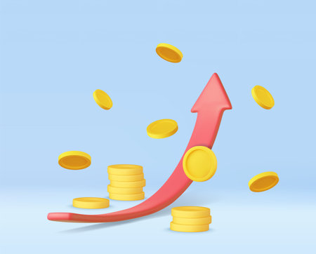 3d growth stock chart with coins investing icon, Uptrend stock market graphのイラスト素材