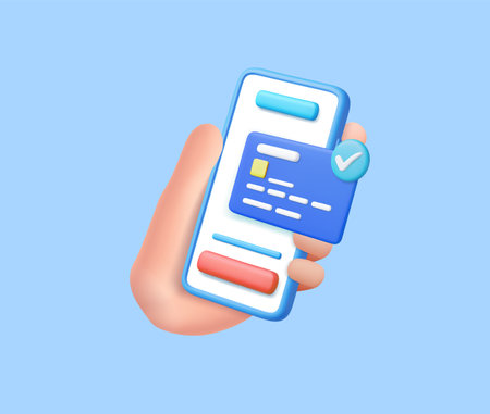 3D Hand holding mobile phone with credit cardのイラスト素材