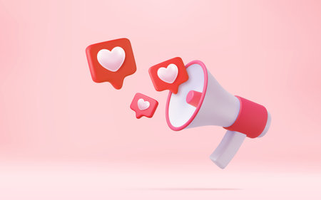 3d megaphone, loudspeaker with heartsのイラスト素材
