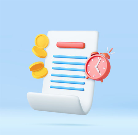 3d Bill with clock and golden coinsのイラスト素材