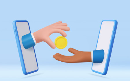 3d Cartoon character hands give and take golden coin.のイラスト素材