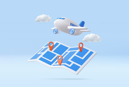 3D pin map with flight planeのイラスト素材