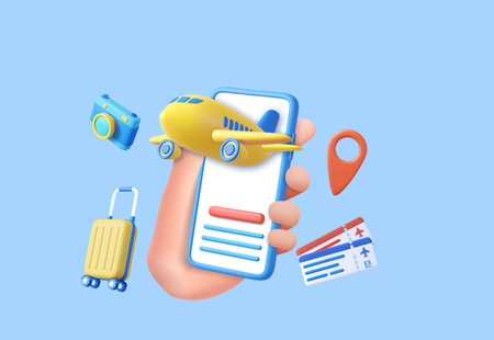 3D mobile phone with ticket for flight airplane, suitcase