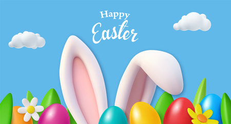 3d bunny ears and colorful eggs in a grass. Egg hunt party banner, invitation or greeting card design.のイラスト素材
