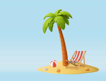 3D beach palm, chair and ball.のイラスト素材