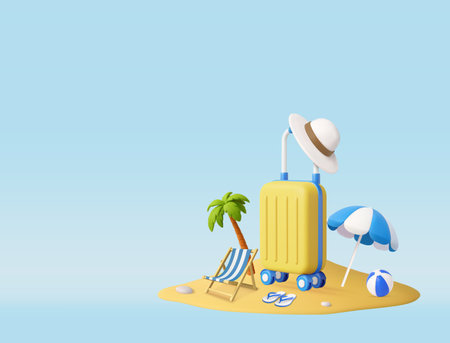 3D Summer Travel Beach Scene with Luggageのイラスト素材